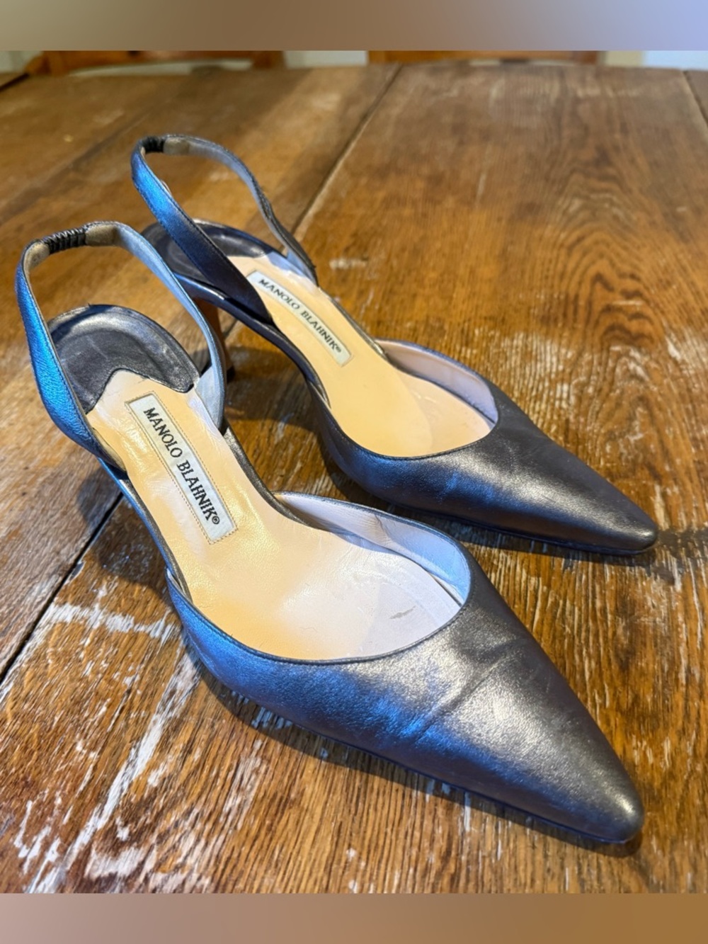 Manolo Blahnik Carolyne 70 Women’s Heels, Pewter Leather, Sz. 39.5 or US 8.5M